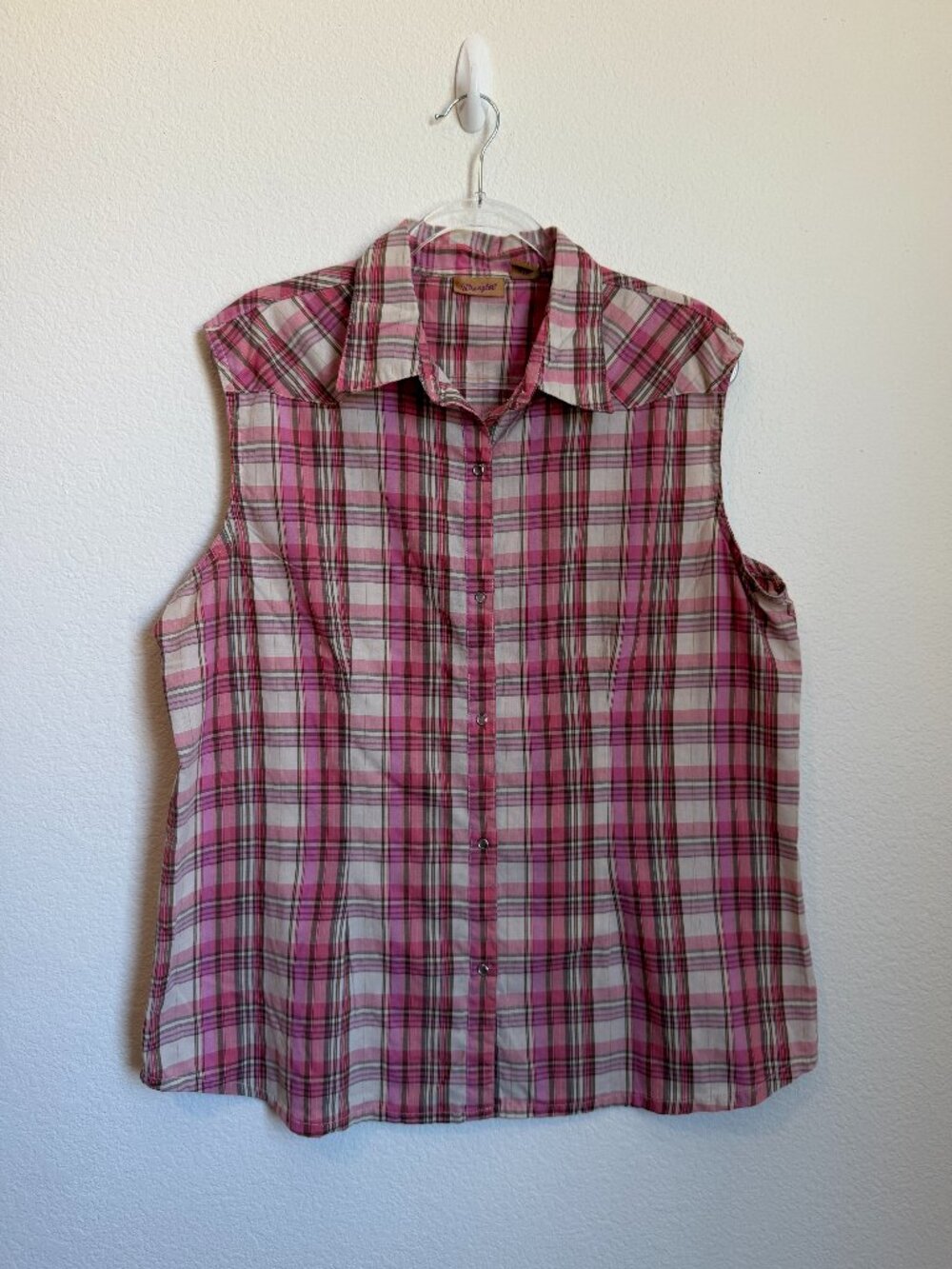 Wrangler Women's Sleeveless Pink Brown White Plaid Pearl Snap Top XXL